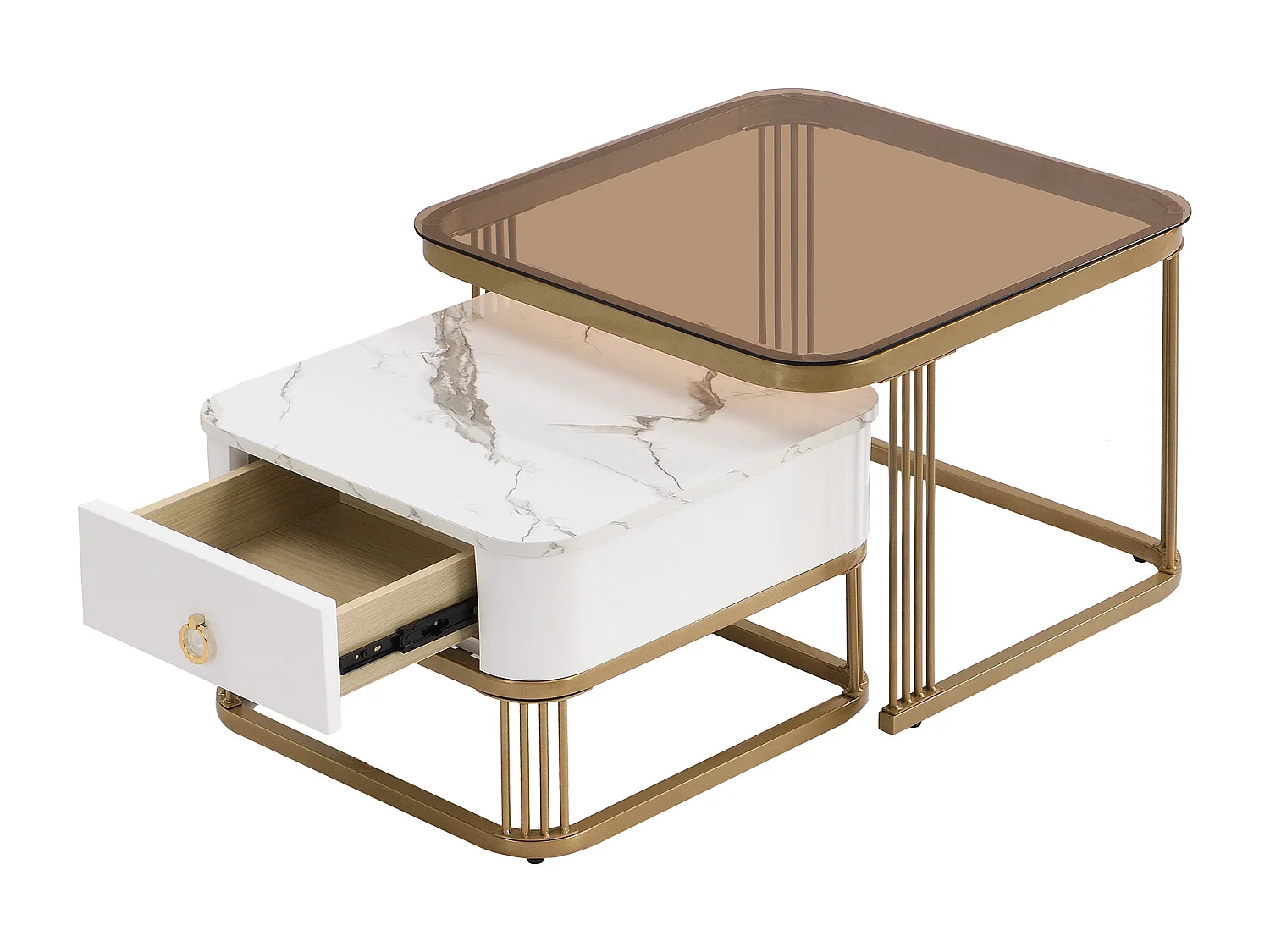 Lot de 2 tables basses 60x60x42.5 cm avec de grandes et petites tables et tiroirs Matériau MDF en blanc et marron pour salon