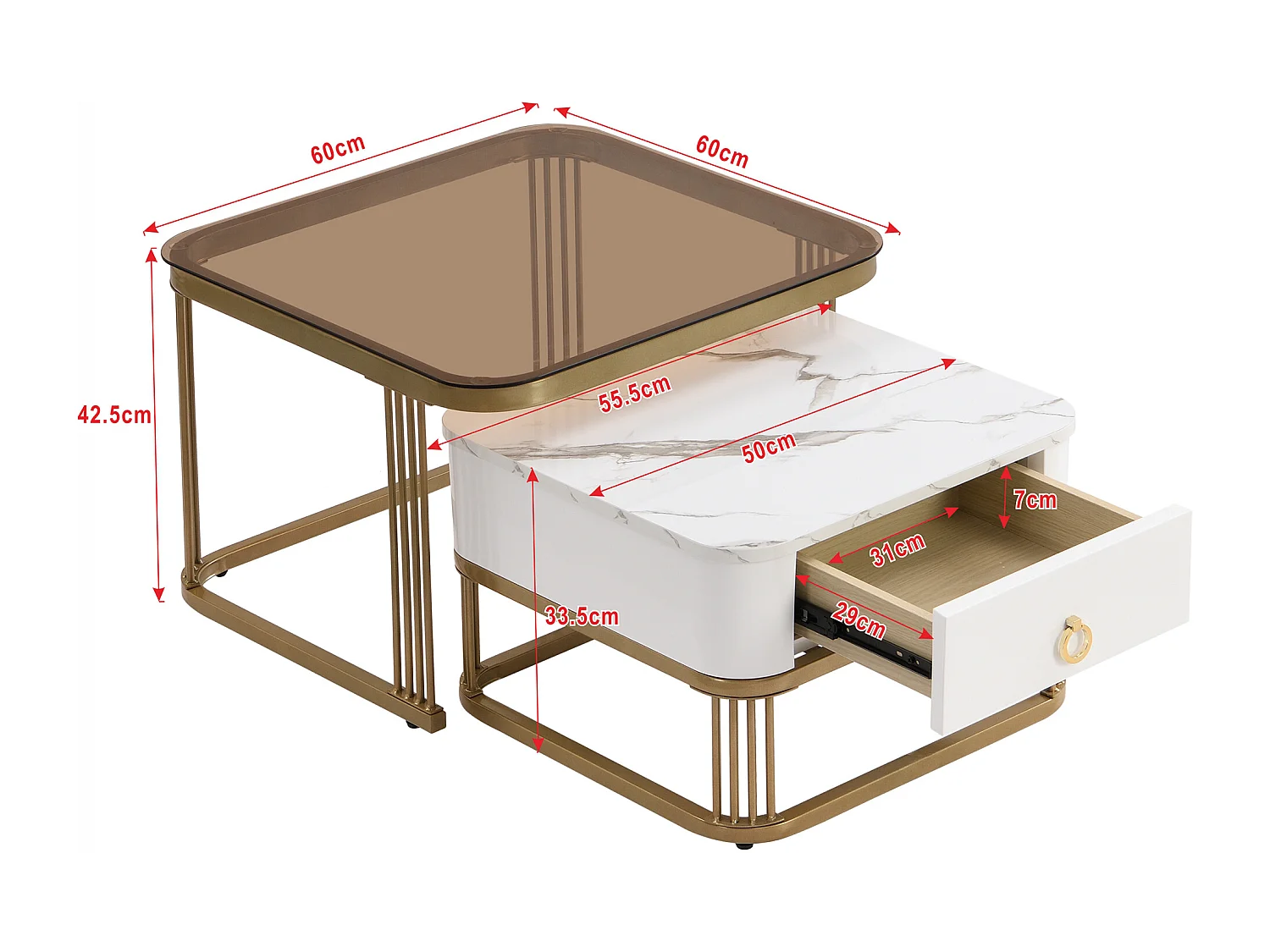 Lot de 2 tables basses 60x60x42.5 cm avec de grandes et petites tables et tiroirs Matériau MDF en blanc et marron pour salon