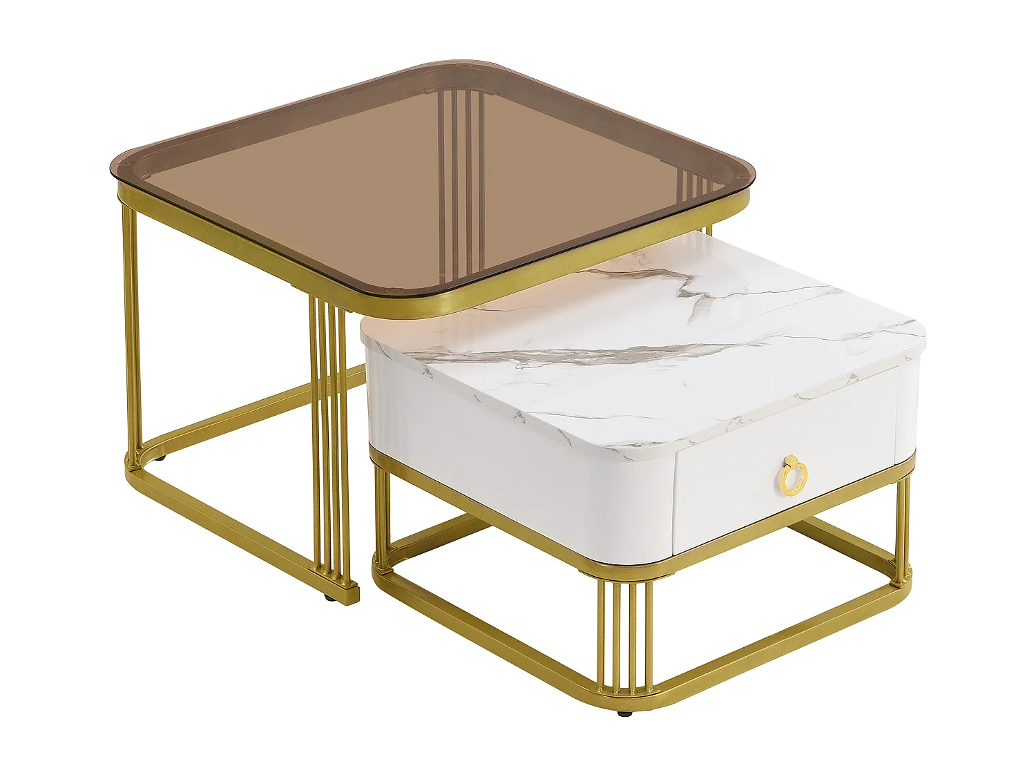 Set de 2 tables basses gigognes 60x60x42.5 cm, tiroir de rangement, poignée dorée, MDF blanc