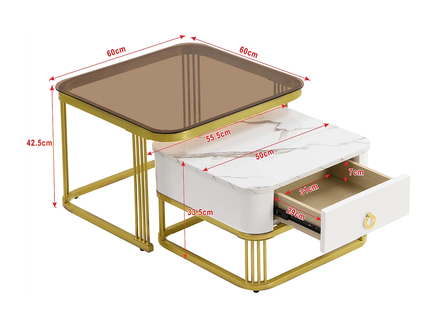 Set de 2 tables basses gigognes 60x60x42.5 cm, tiroir de rangement, poignée dorée, MDF blanc