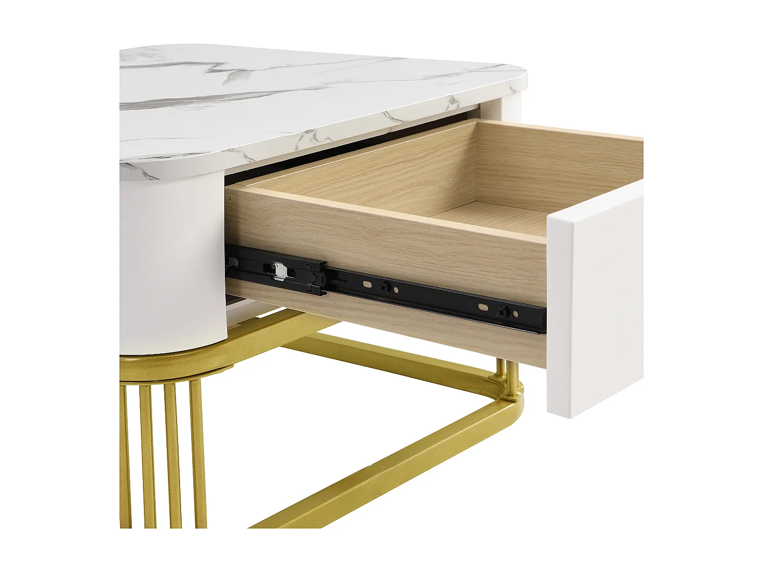 Set de 2 tables basses gigognes 60x60x42.5 cm, tiroir de rangement, poignée dorée, MDF blanc