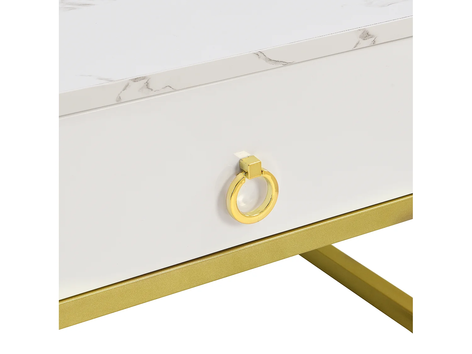 Set de 2 tables basses gigognes 60x60x42.5 cm, tiroir de rangement, poignée dorée, MDF blanc