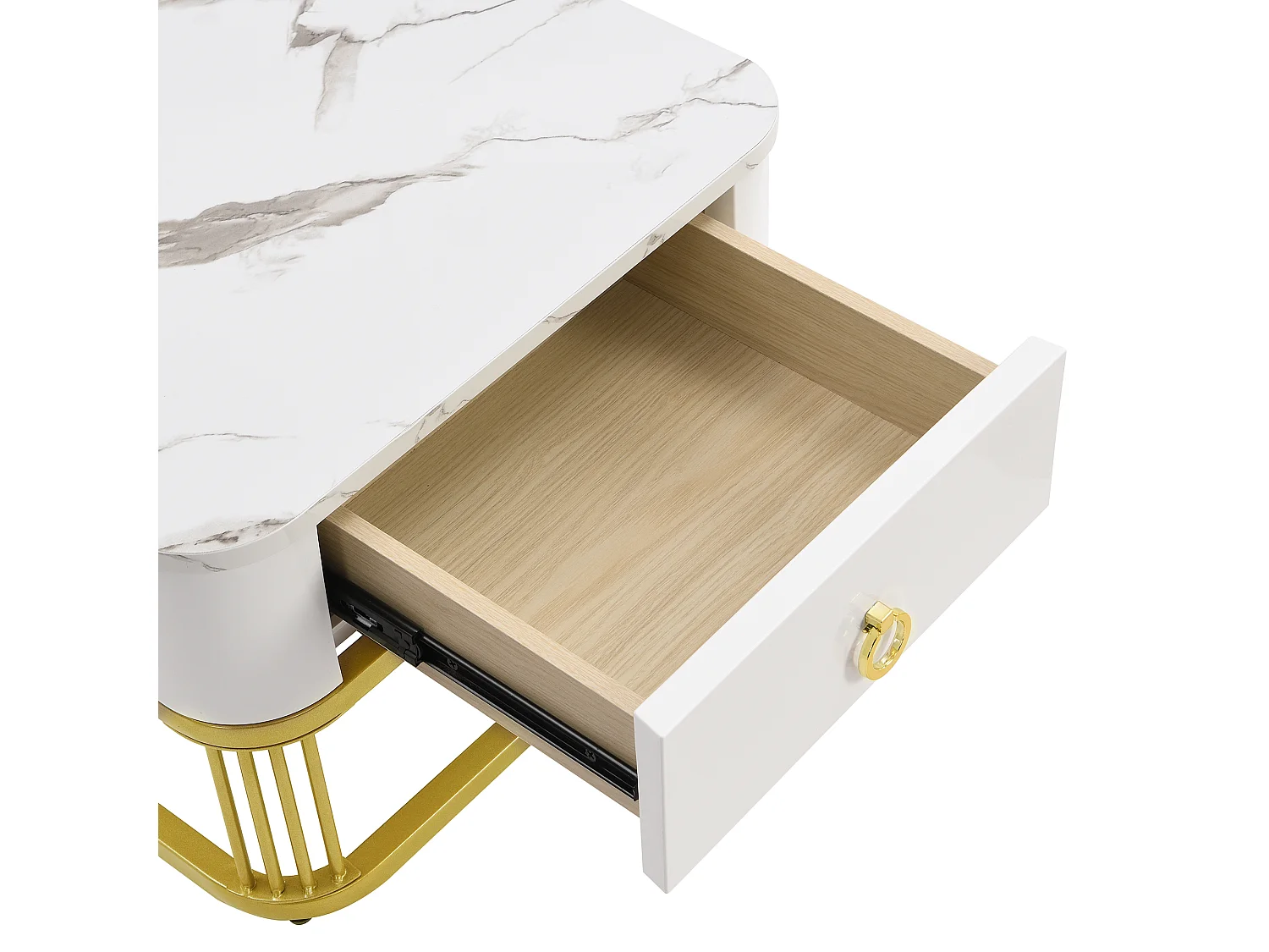 Set de 2 tables basses gigognes 60x60x42.5 cm, tiroir de rangement, poignée dorée, MDF blanc