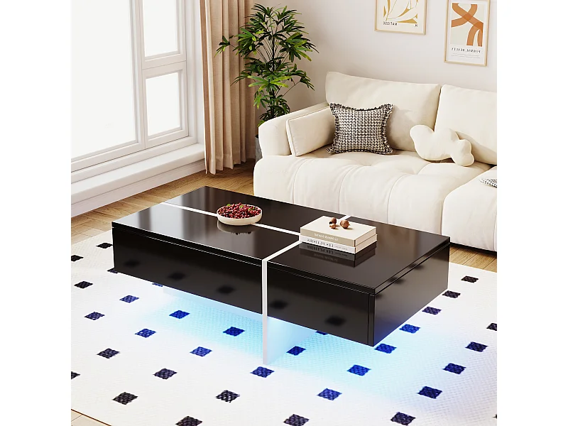 Salontafel 100x50x34.5cm met app gecontroleerd LED systeem en drie laden brengen Materiaal Spaanplaat en zwart