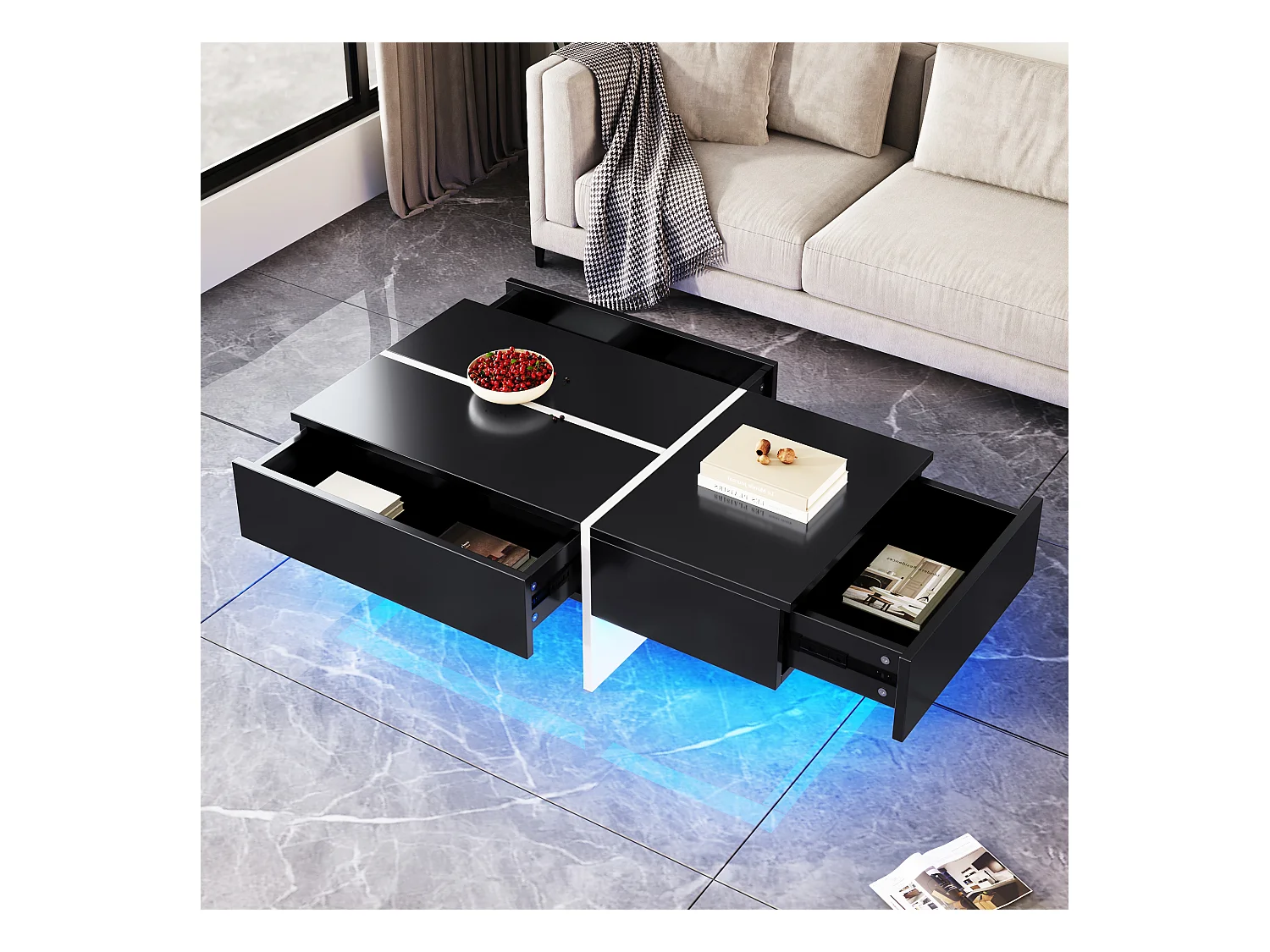 Salontafel 100x50x34.5cm met app gecontroleerd LED systeem en drie laden brengen Materiaal Spaanplaat en zwart