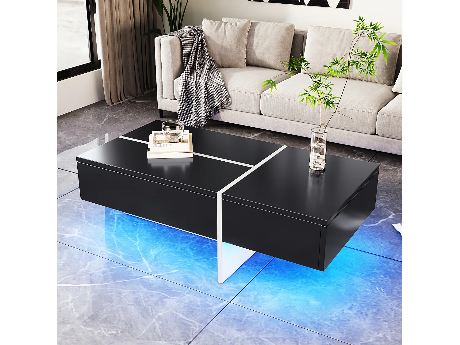 Table basse 100x50x34.5cm Système LED contrôlé par application Trois tiroirs Matériel Panneau de particules Noir