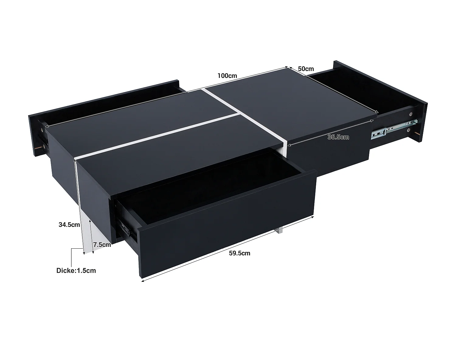 Table basse 100x50x34.5 cm, éclairage LED contrôlable par application, 3 tiroirs push open, panneaux de particules, noir