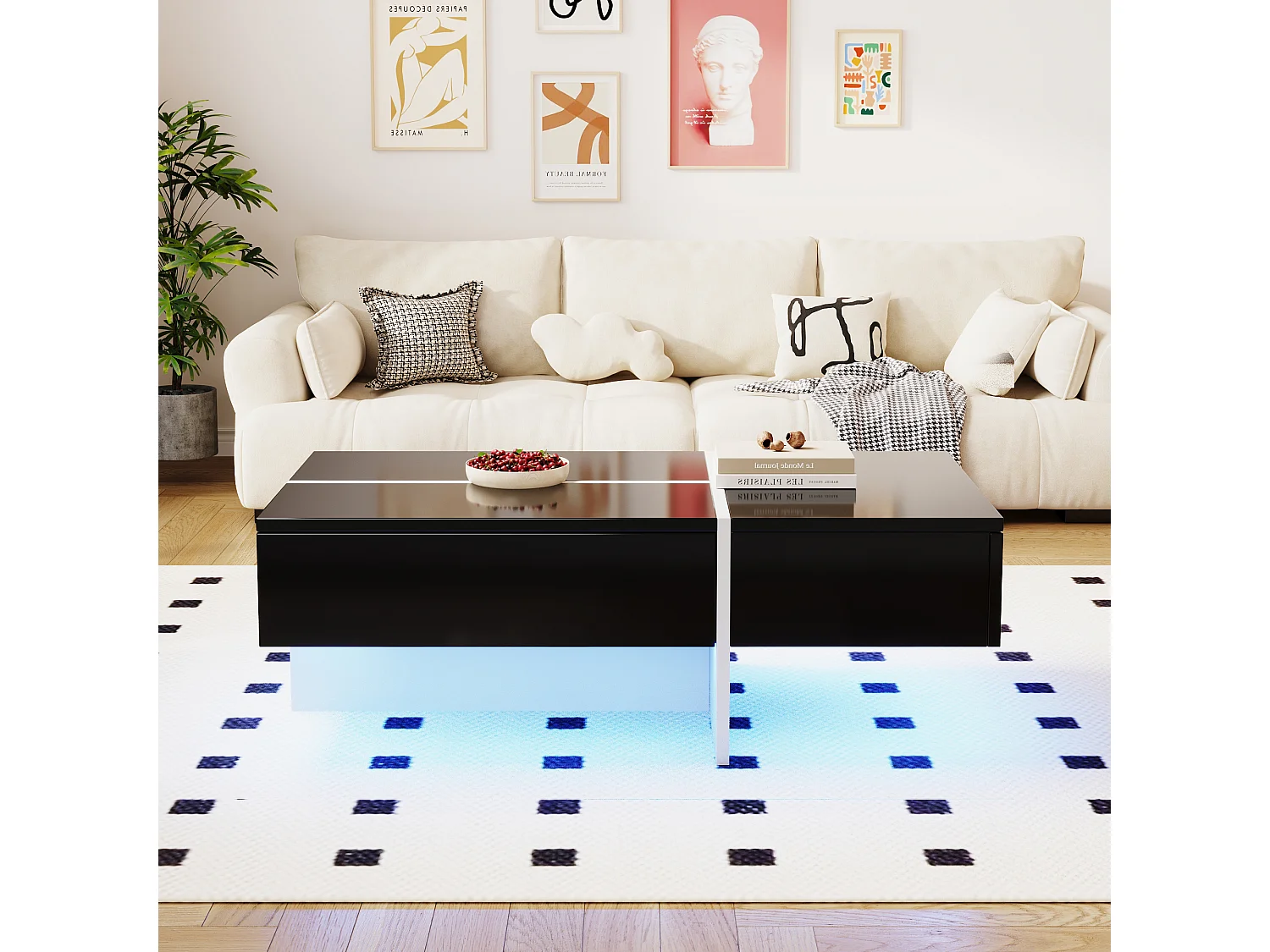 Table basse 100x50x34.5 cm, éclairage LED contrôlable par application, 3 tiroirs push open, panneaux de particules, noir