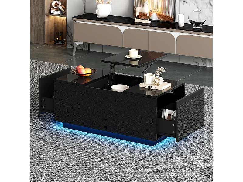 Table basse 95x48x40 cm lift réglable extensible LED 2 tiroirs noir salon contemporain