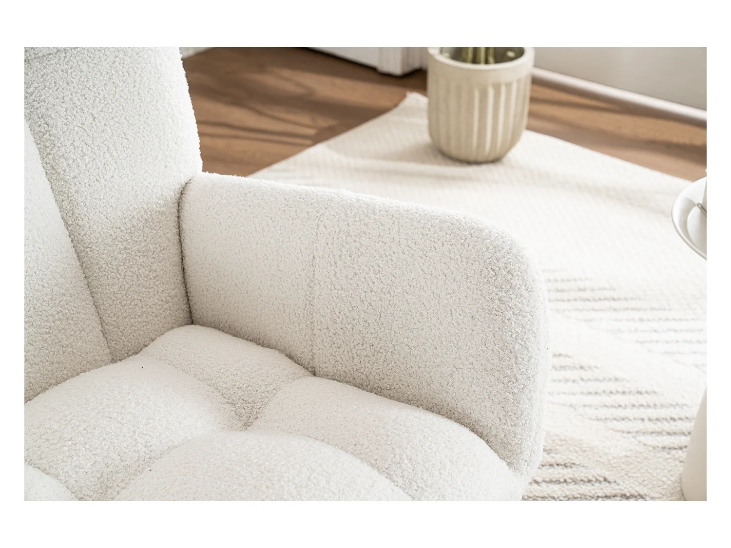 Fauteuil à bascule avec repose-pieds accoudoirs cadre bois blanc pour salon