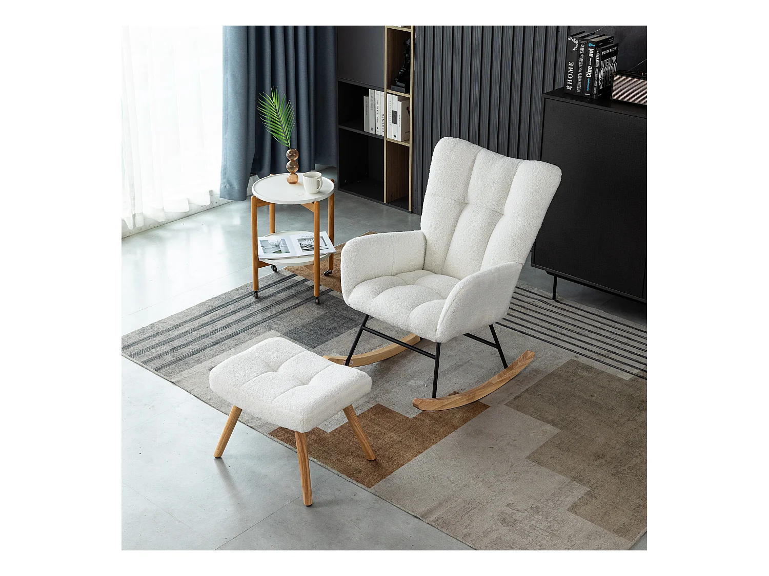 Fauteuil à bascule avec repose-pieds accoudoirs cadre bois blanc pour salon