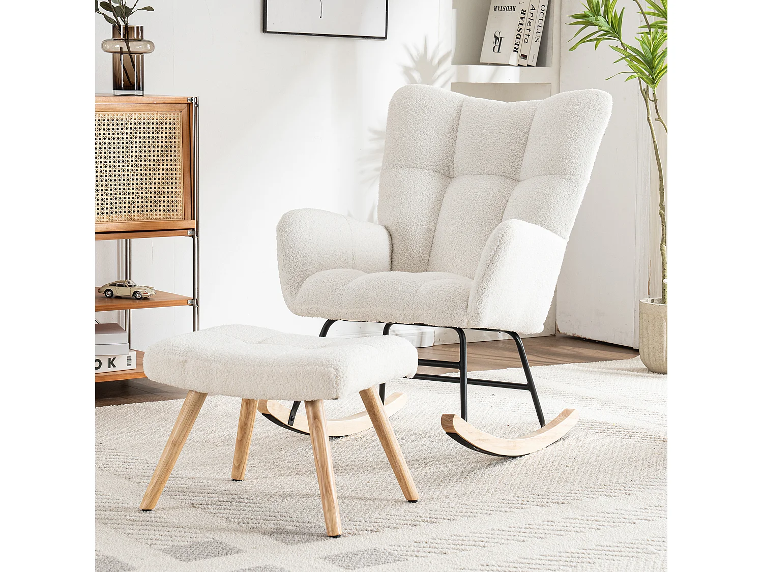 Fauteuil à bascule avec repose-pieds accoudoirs cadre bois blanc pour salon