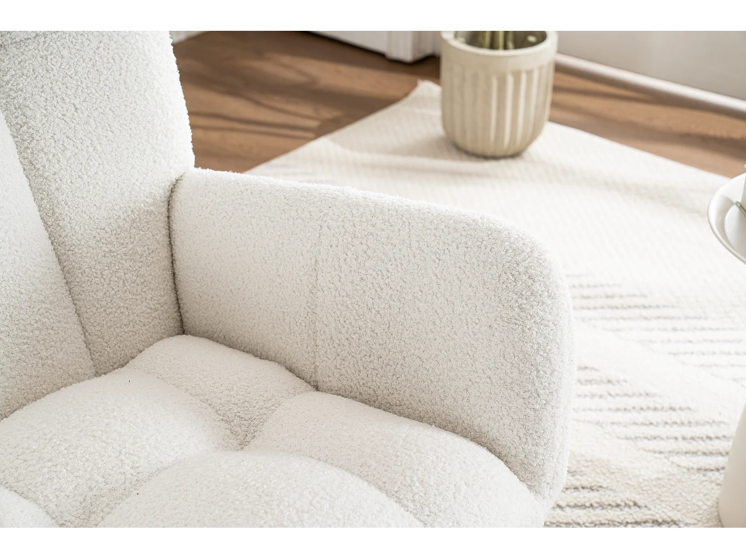 Fauteuil à bascule avec repose-pieds accoudoirs cadre bois blanc pour salon