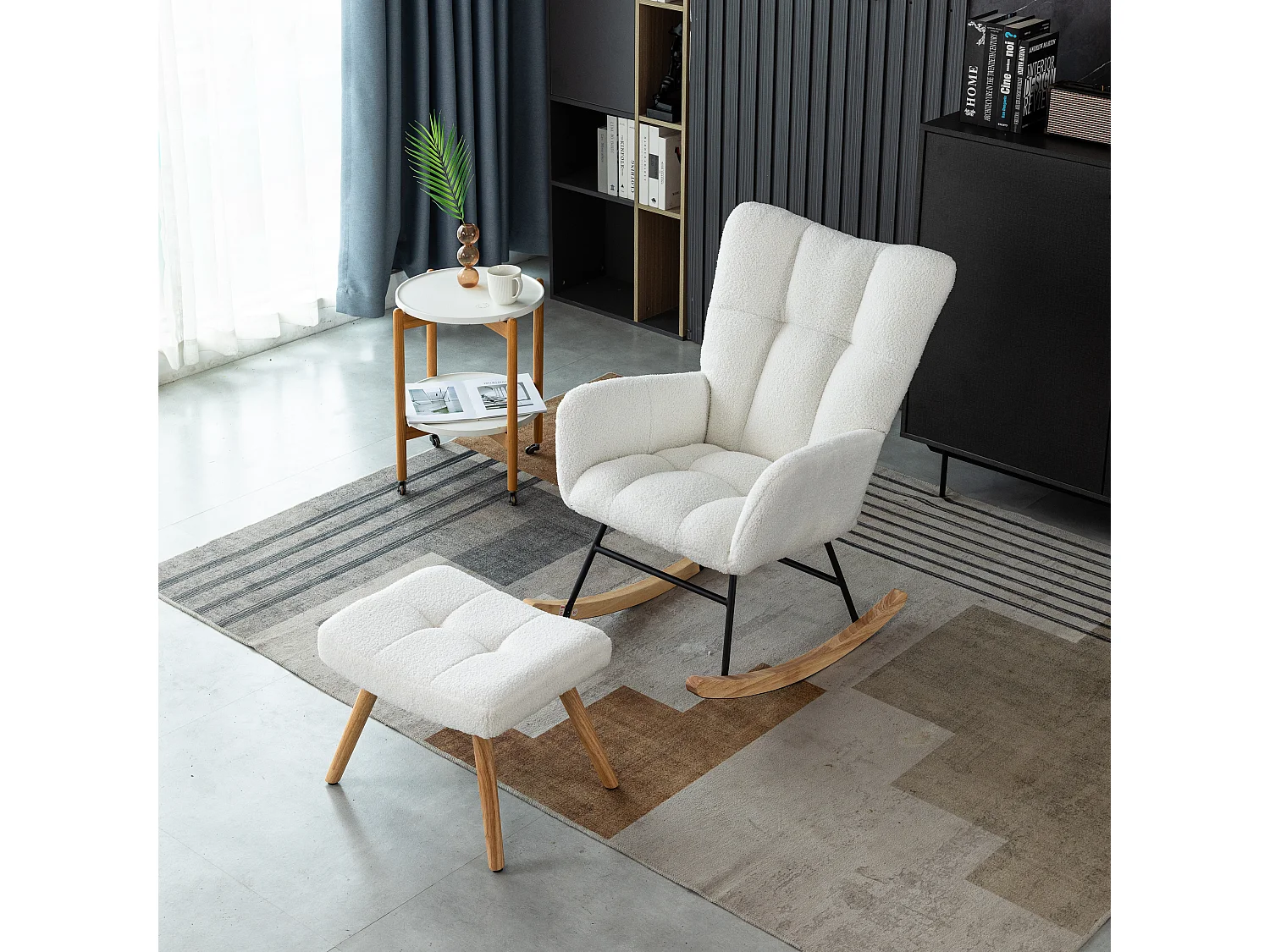 Fauteuil à bascule avec repose-pieds accoudoirs cadre bois blanc pour salon