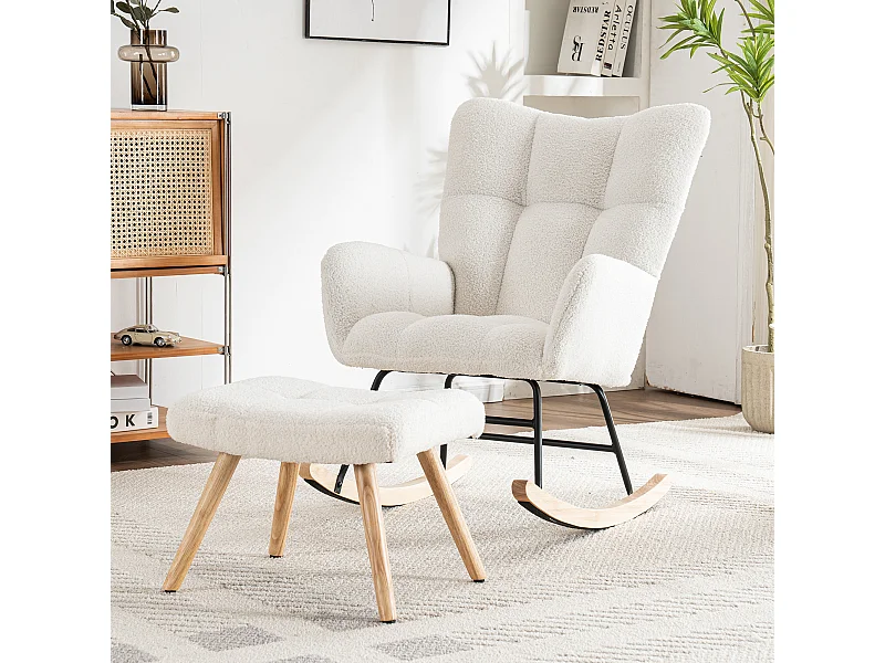 Fauteuil à bascule avec repose-pieds accoudoirs cadre bois blanc pour salon