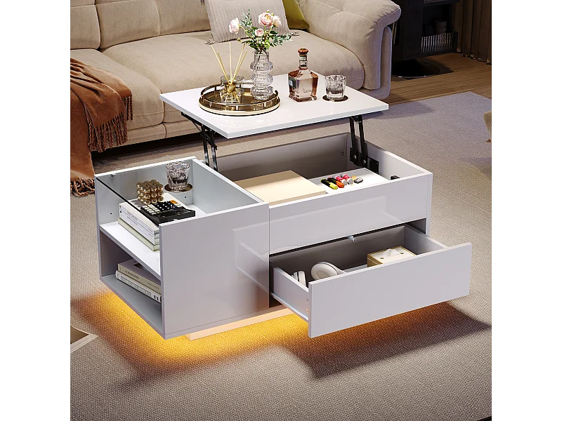 Table basse 95x48x42 cm LED réglable tiroir rangement intégré prise blanc salon contemporain