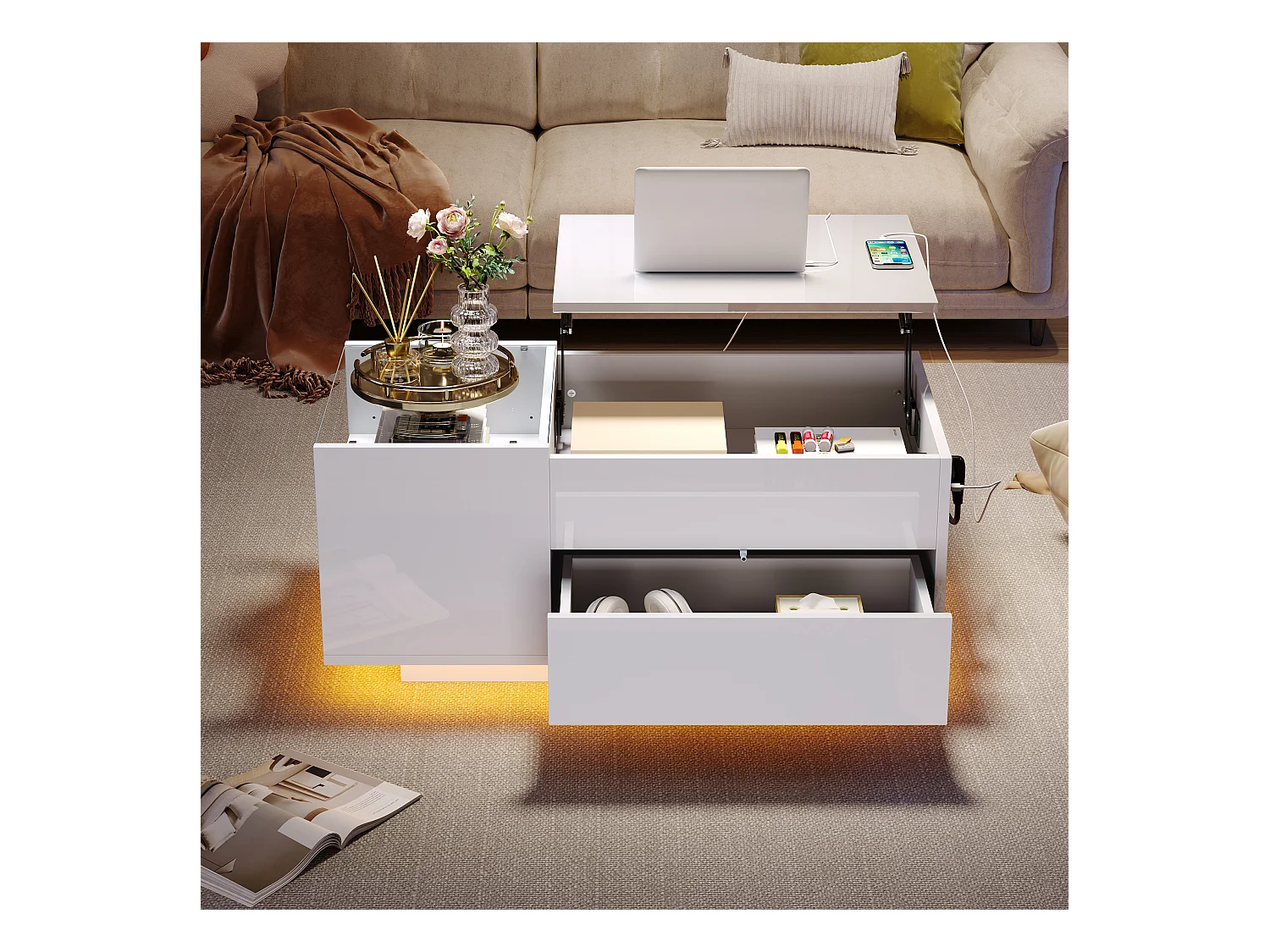 Salontafel 95x48x42 cm LED verstelbare lade geïntegreerde opbergdoos wit moderne woonkamer