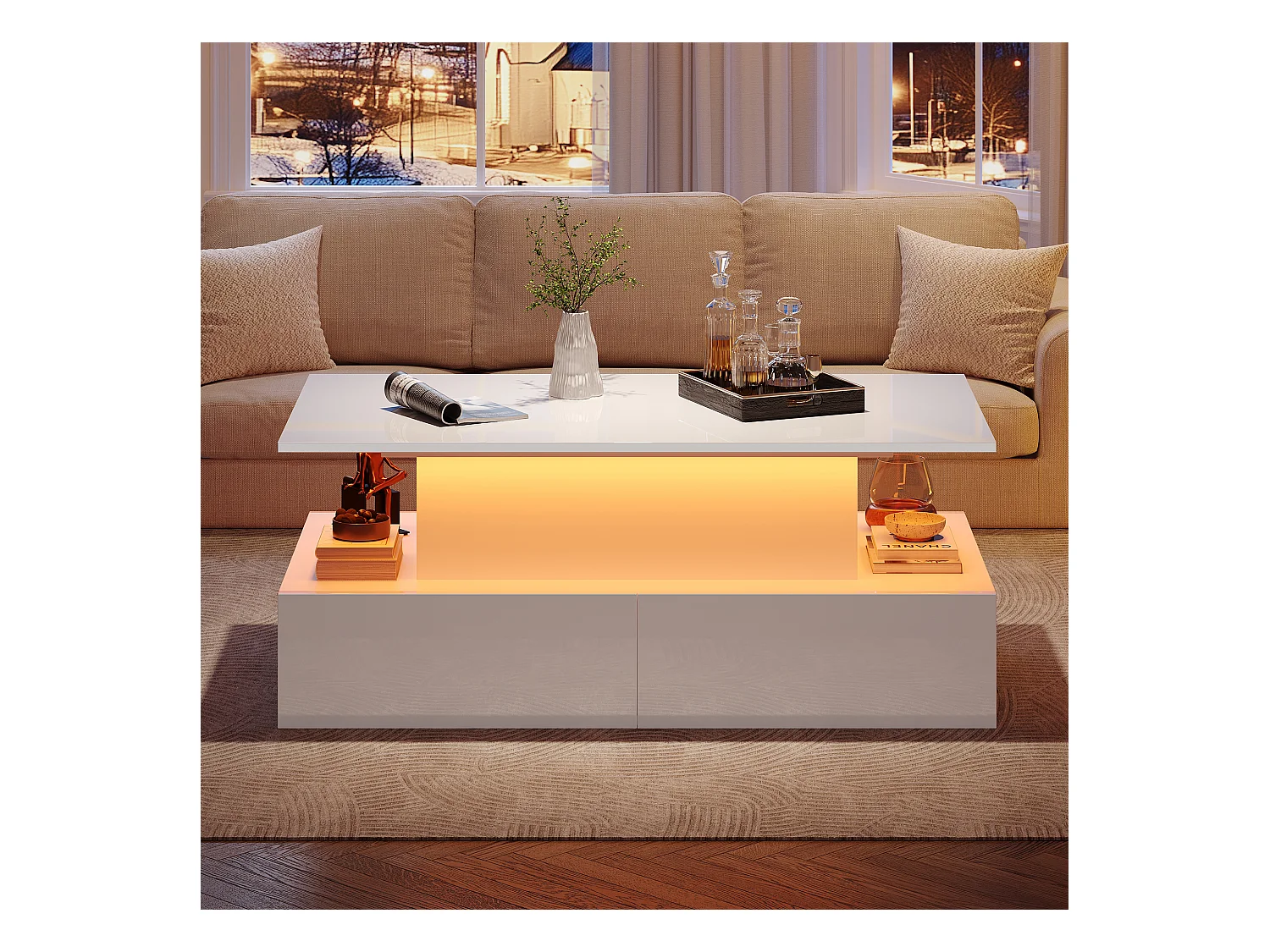 Salontafel 90x55x41cm glanzend met LED-verlichting 4 lades en oplaadbaar Wit voor moderne woonkamer