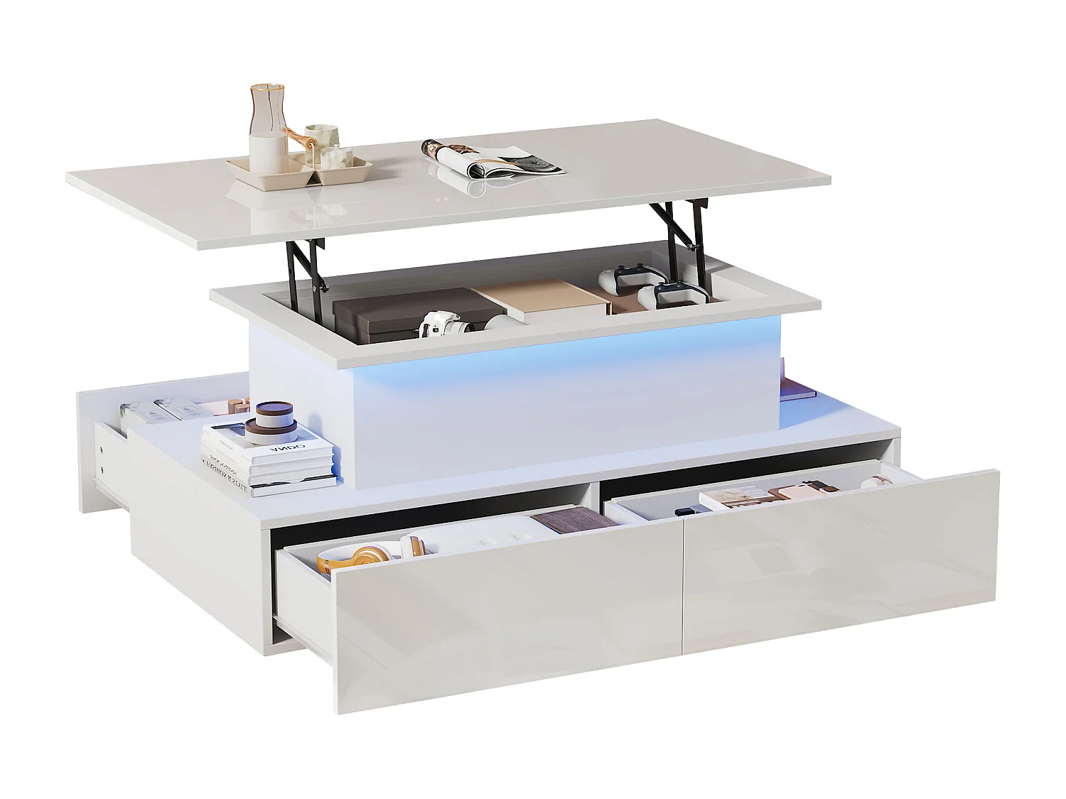 Table basse 90x55x41cm brillant avec éclairage LED 4 tiroirs et charge Blanc pour salon moderne