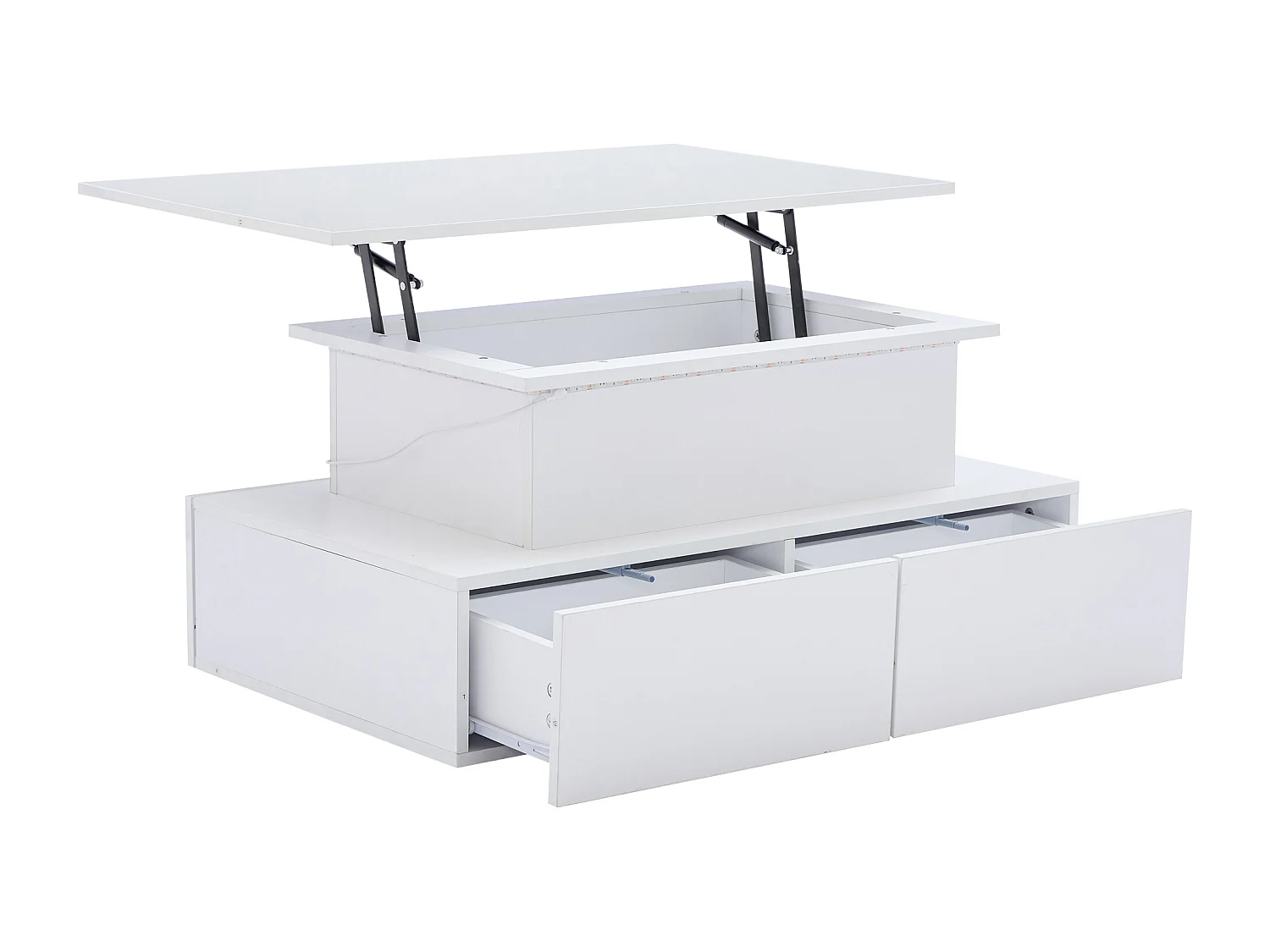 Table basse 90x55x41cm brillant avec éclairage LED 4 tiroirs et charge Blanc pour salon moderne