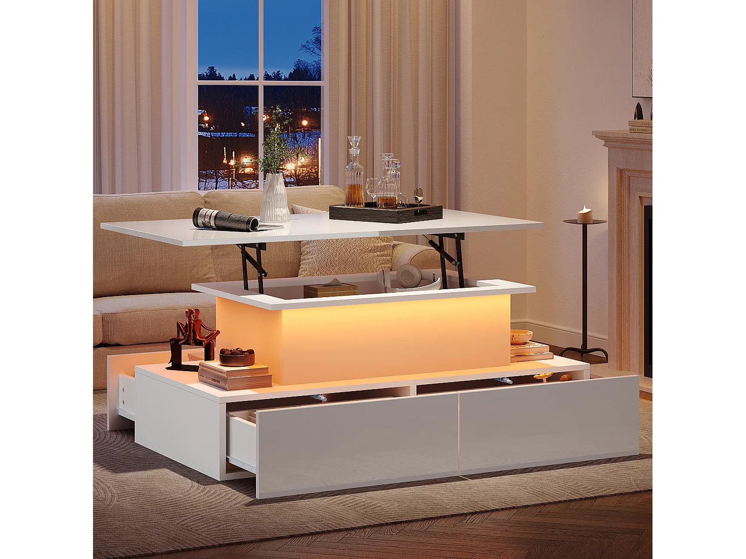 Table basse 90x55x41cm brillant avec éclairage LED 4 tiroirs et charge Blanc pour salon moderne