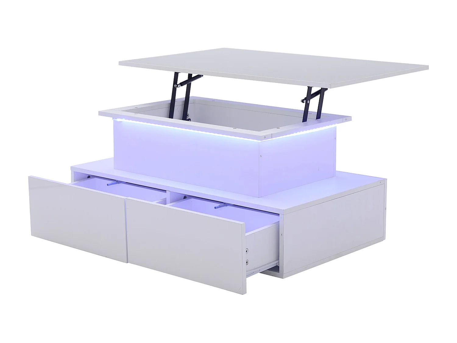 Table basse 90x55x41 cm, éclairage LED, plateau coulissant, 4 tiroirs push to open, panneaux de particules, blanc