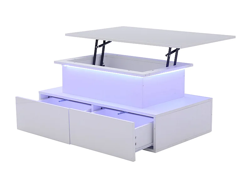 Table basse 90x55x41 cm, éclairage LED, plateau coulissant, 4 tiroirs push to open, panneaux de particules, blanc