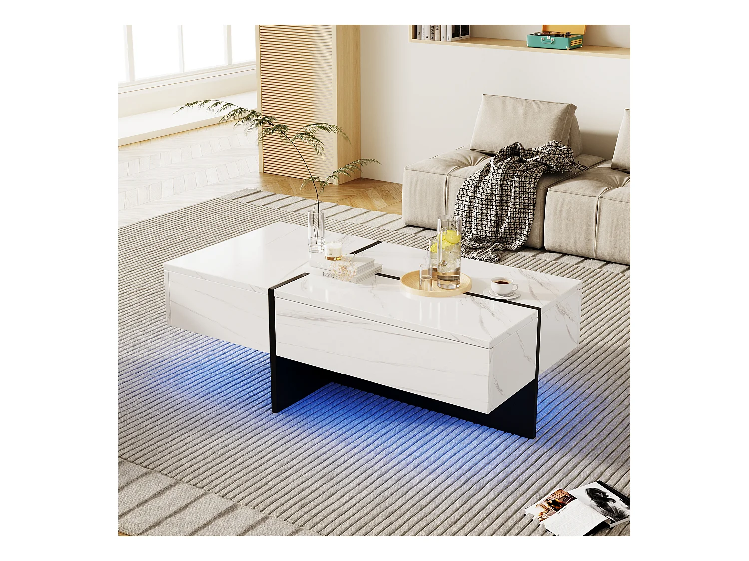 Salontafel 100x50x34.5cm met app gecontroleerd LED systeem en drie laden brengen Materiaal Spaanplaat en Wit