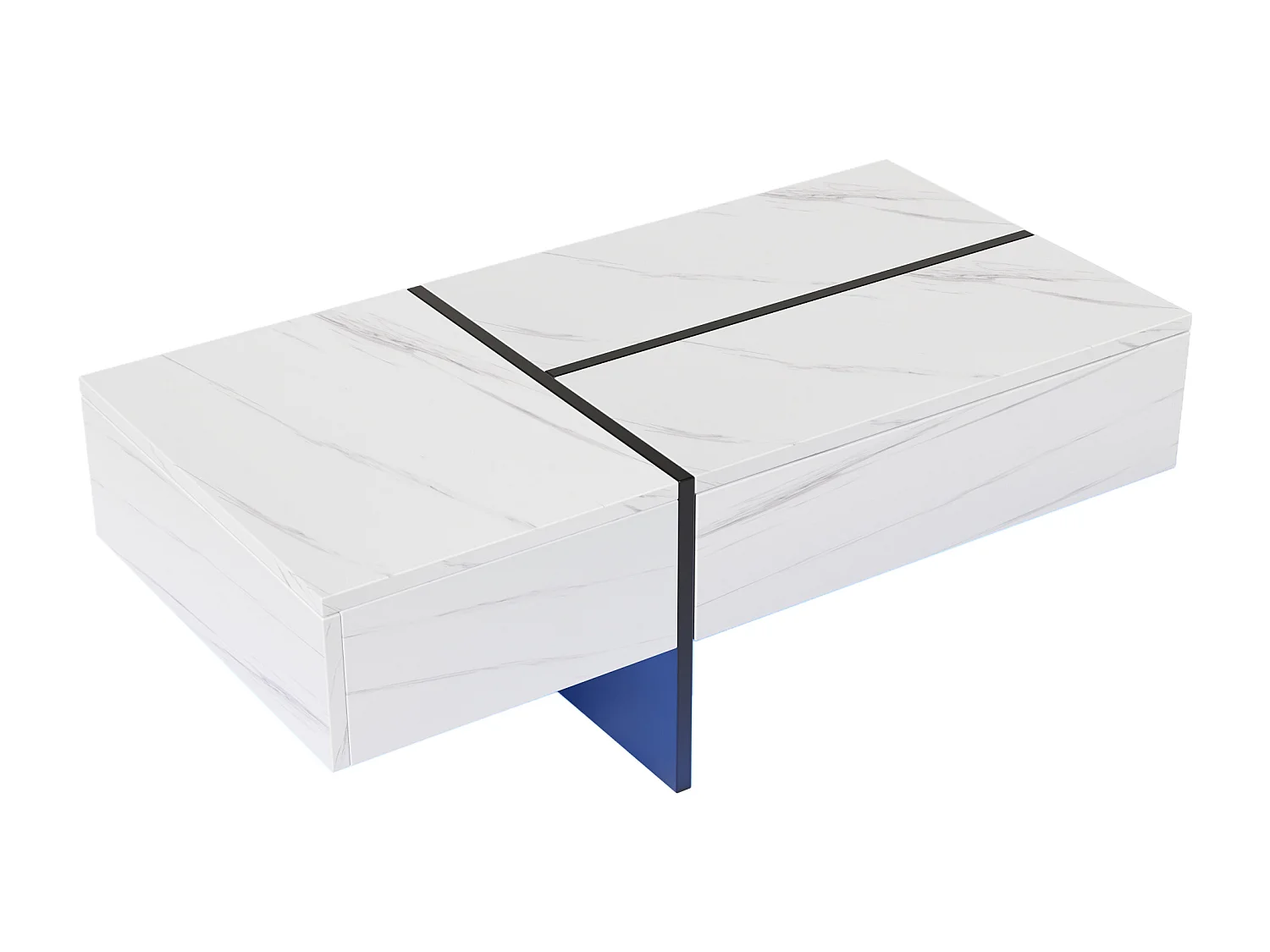 Table basse 100x50x34.5 cm, éclairage LED contrôlable par application, 3 tiroirs push to open, panneaux de particules blanc