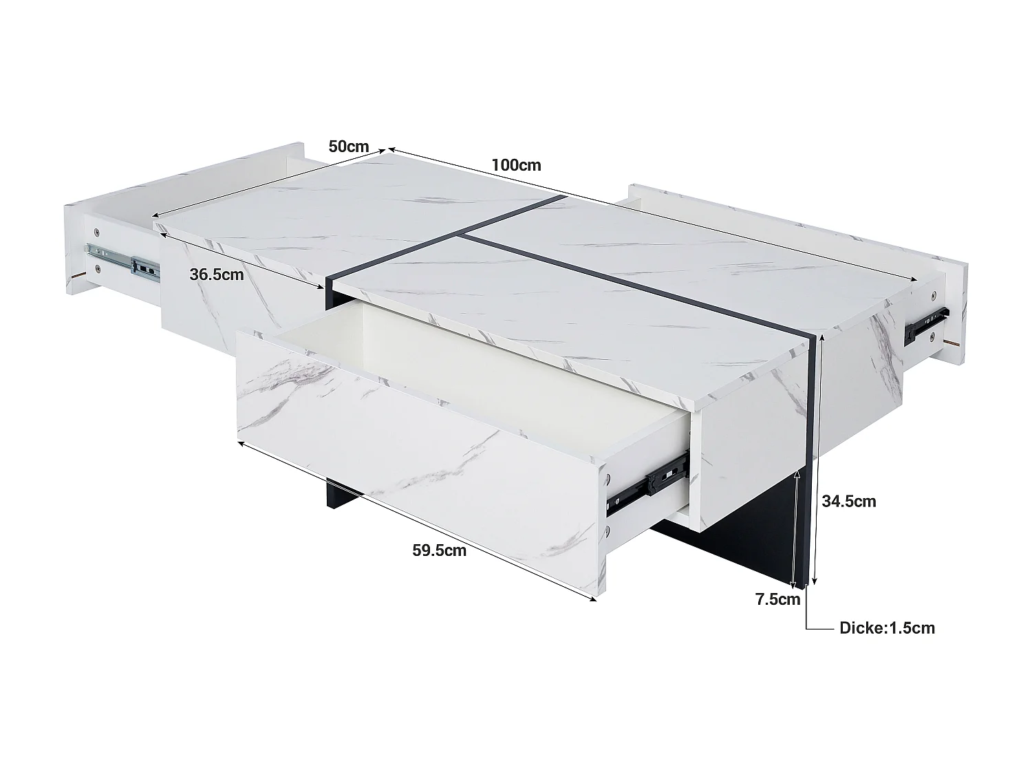 Table basse 100x50x34.5 cm, éclairage LED contrôlable par application, 3 tiroirs push to open, panneaux de particules blanc