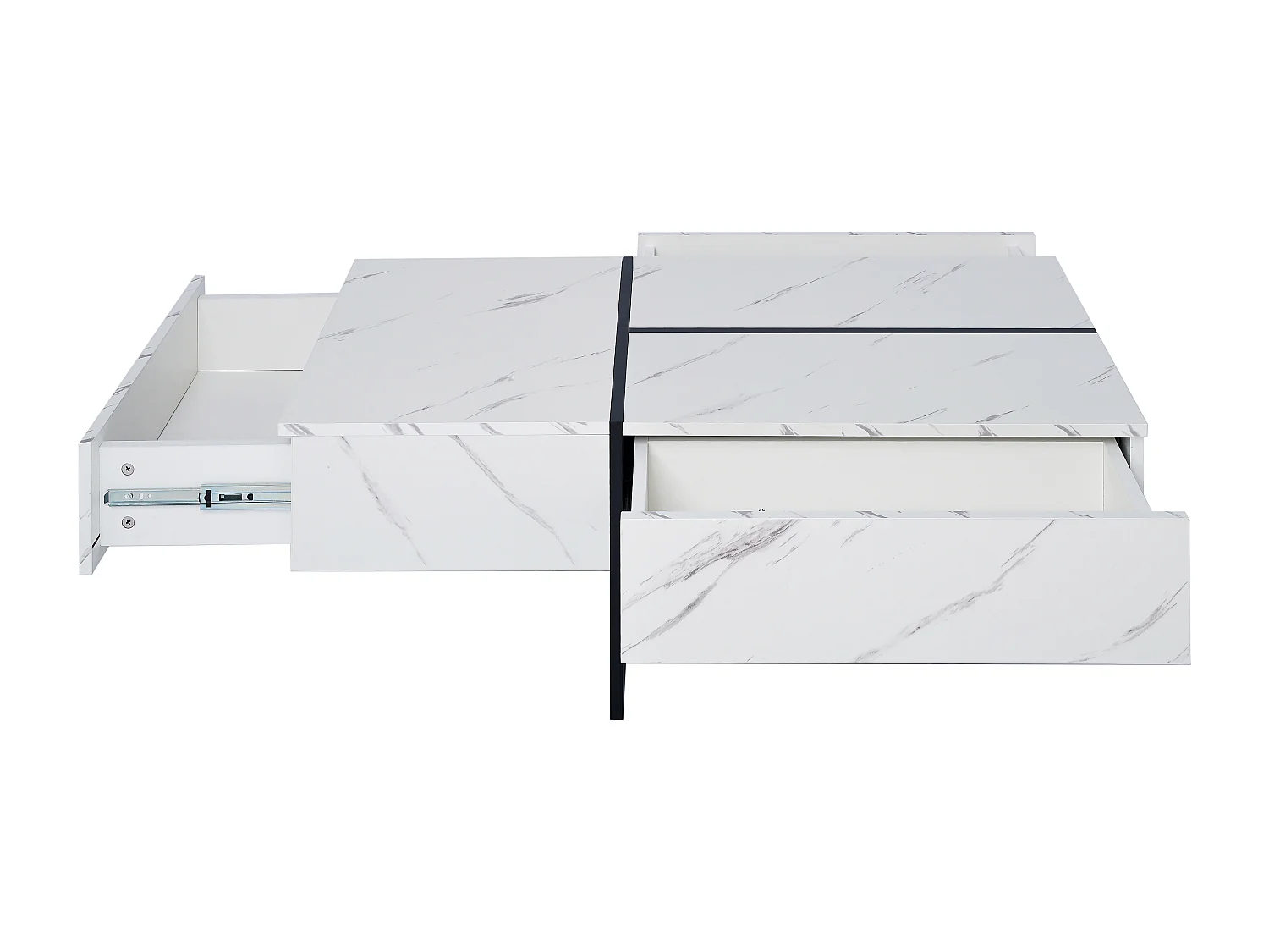 Table basse 100x50x34.5 cm, éclairage LED contrôlable par application, 3 tiroirs push to open, panneaux de particules blanc