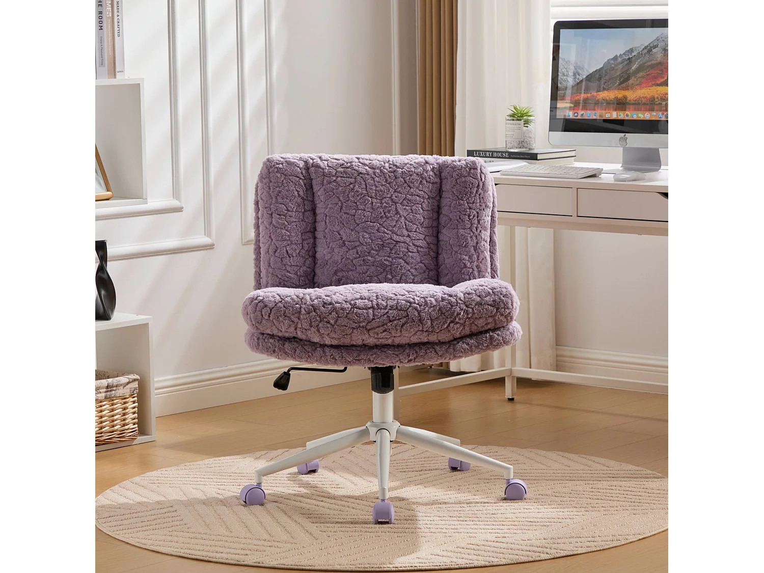 Chaise de bureau, hauteur réglable, assise 360°, fonction d’inclinaison, ergonomique, fausse fourrure, violet