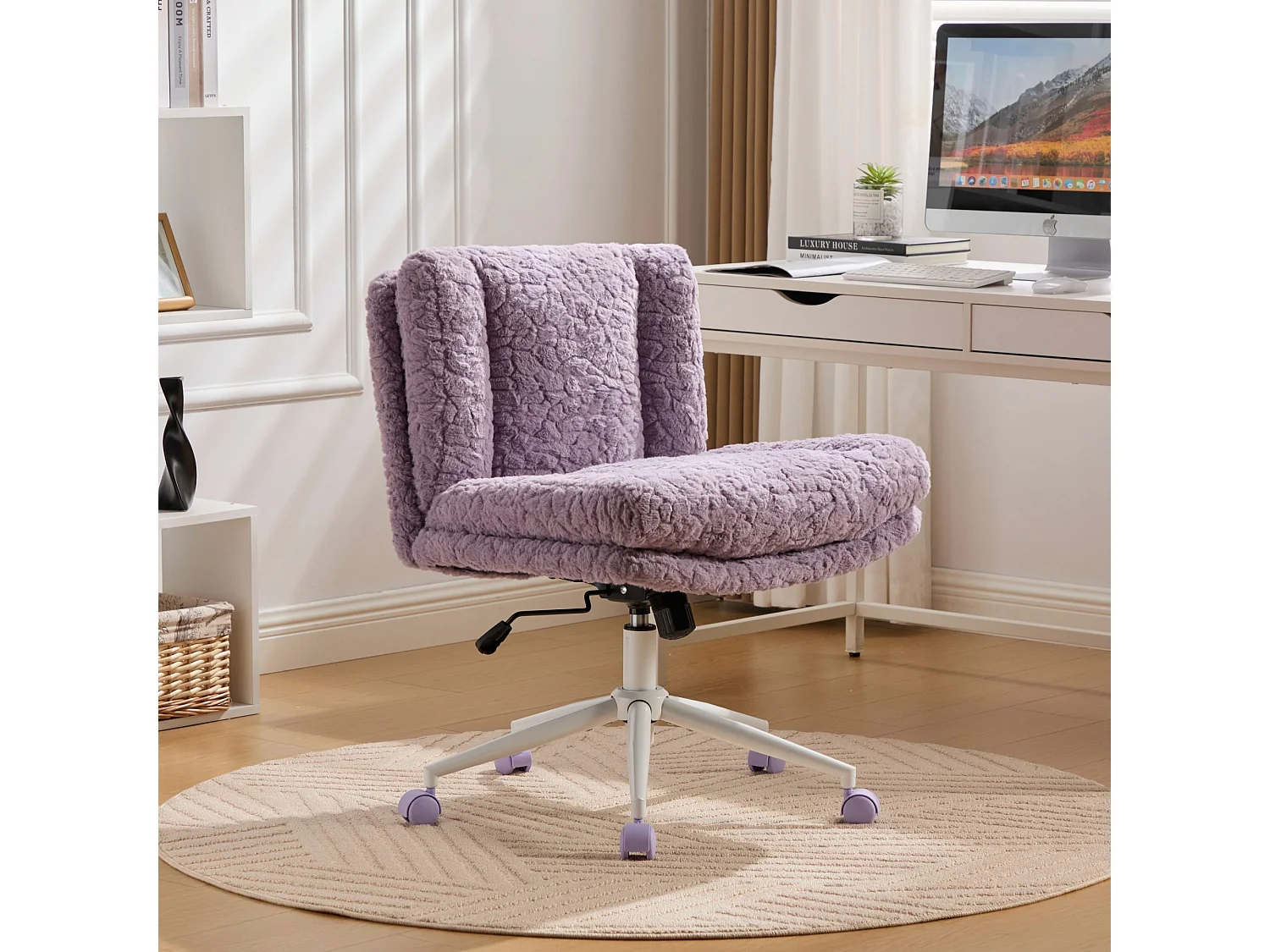 Chaise de bureau, hauteur réglable, assise 360°, fonction d’inclinaison, ergonomique, fausse fourrure, violet