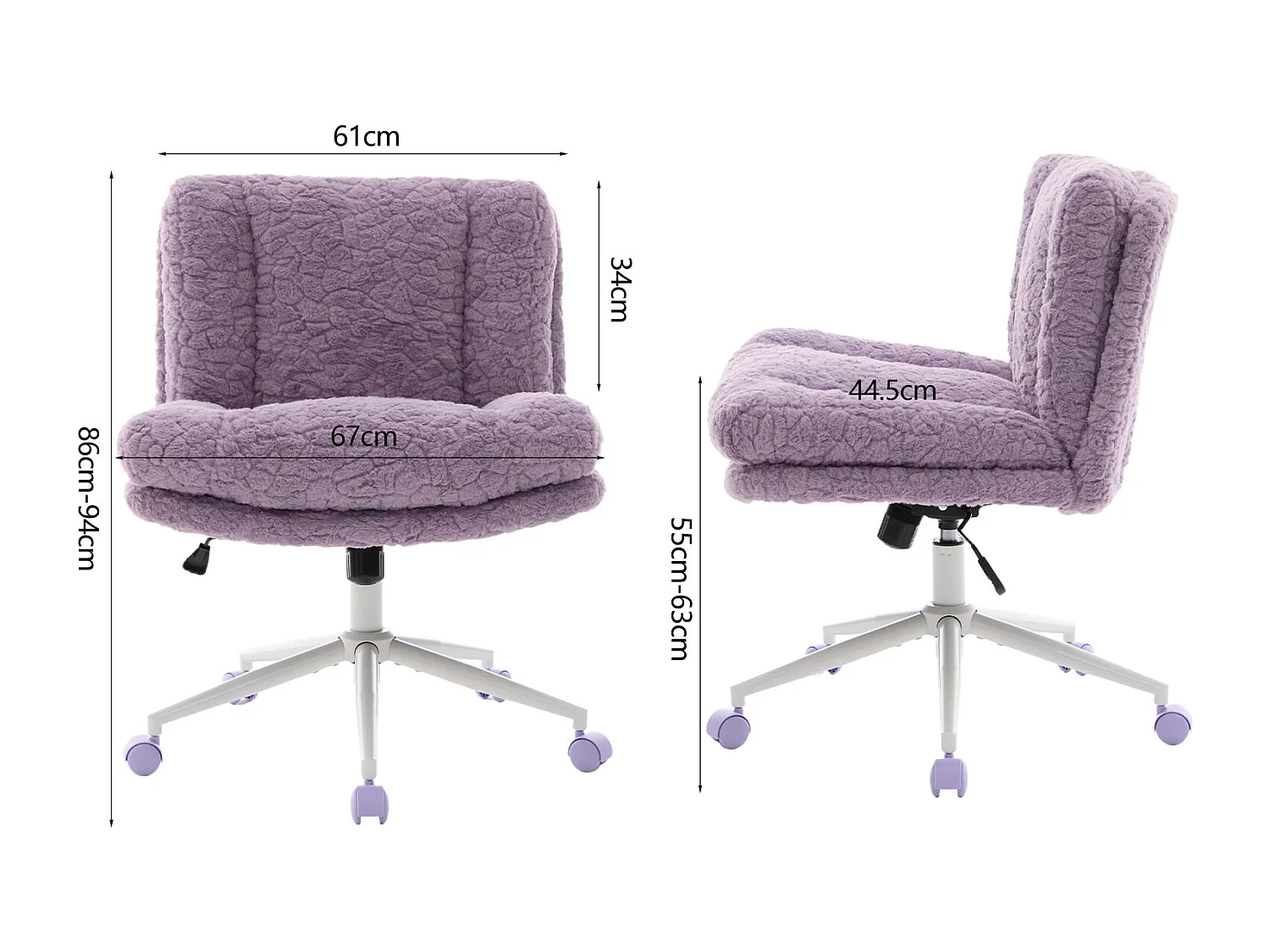 Chaise de bureau, hauteur réglable, assise 360°, fonction d’inclinaison, ergonomique, fausse fourrure, violet