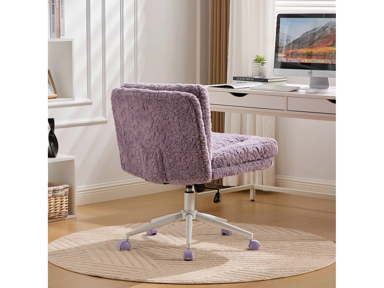 Chaise de bureau, hauteur réglable, assise 360°, fonction d’inclinaison, ergonomique, fausse fourrure, violet