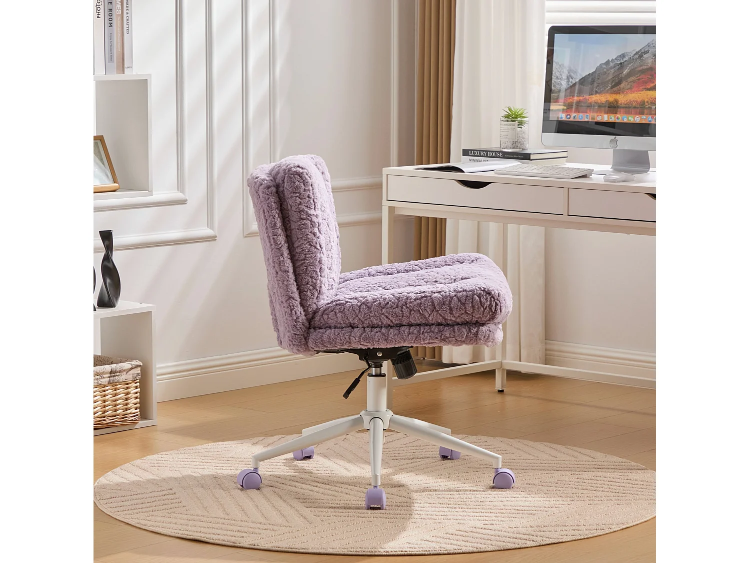 Chaise de bureau, hauteur réglable, assise 360°, fonction d’inclinaison, ergonomique, fausse fourrure, violet