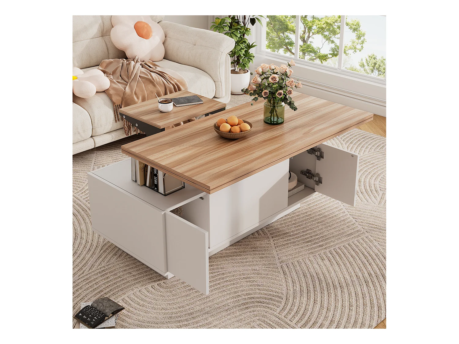 Salontafel met dubbel hefmechanisme en geïntegreerde opbergruimte voor een moderne woonkamer in het wit