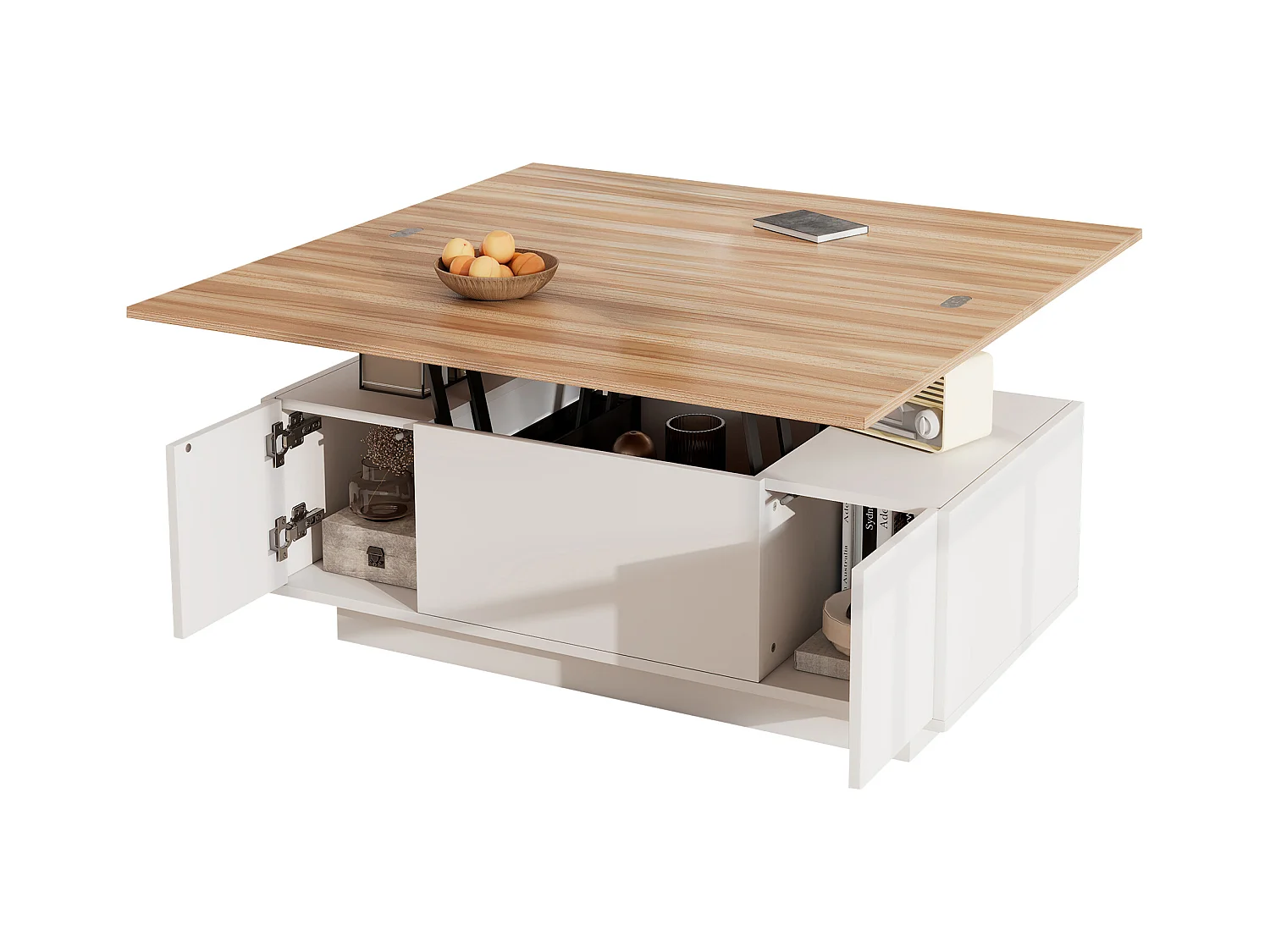 Salontafel met dubbel hefmechanisme en geïntegreerde opbergruimte voor een moderne woonkamer in het wit