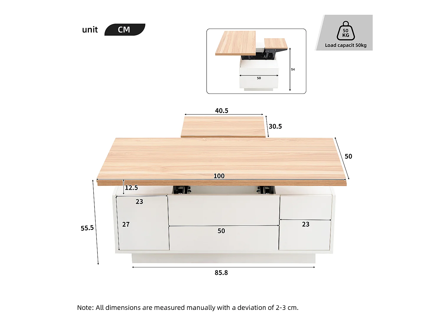Salontafel met dubbel hefmechanisme en geïntegreerde opbergruimte voor een moderne woonkamer in het wit