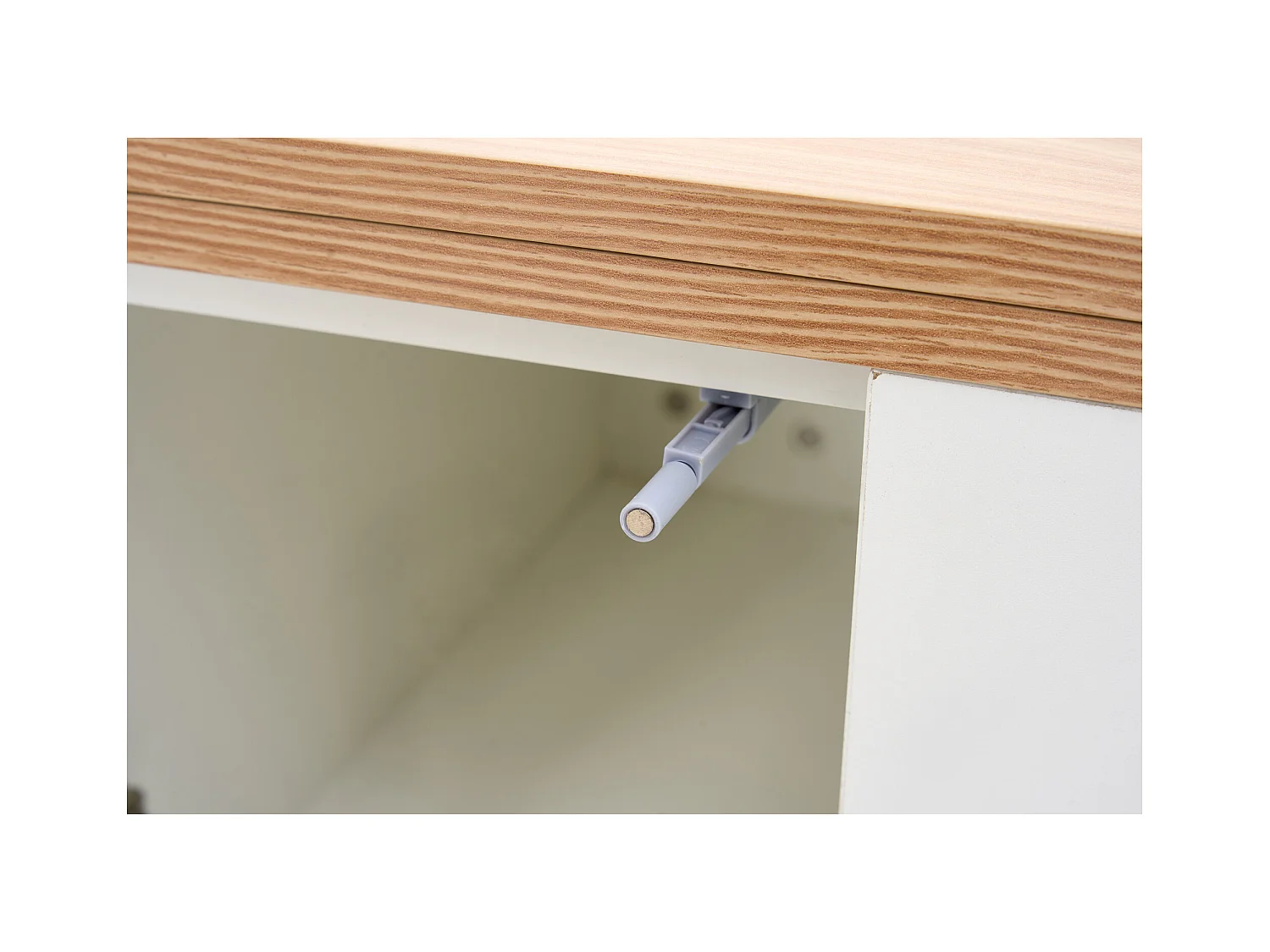 Salontafel met dubbel hefmechanisme en geïntegreerde opbergruimte voor een moderne woonkamer in het wit