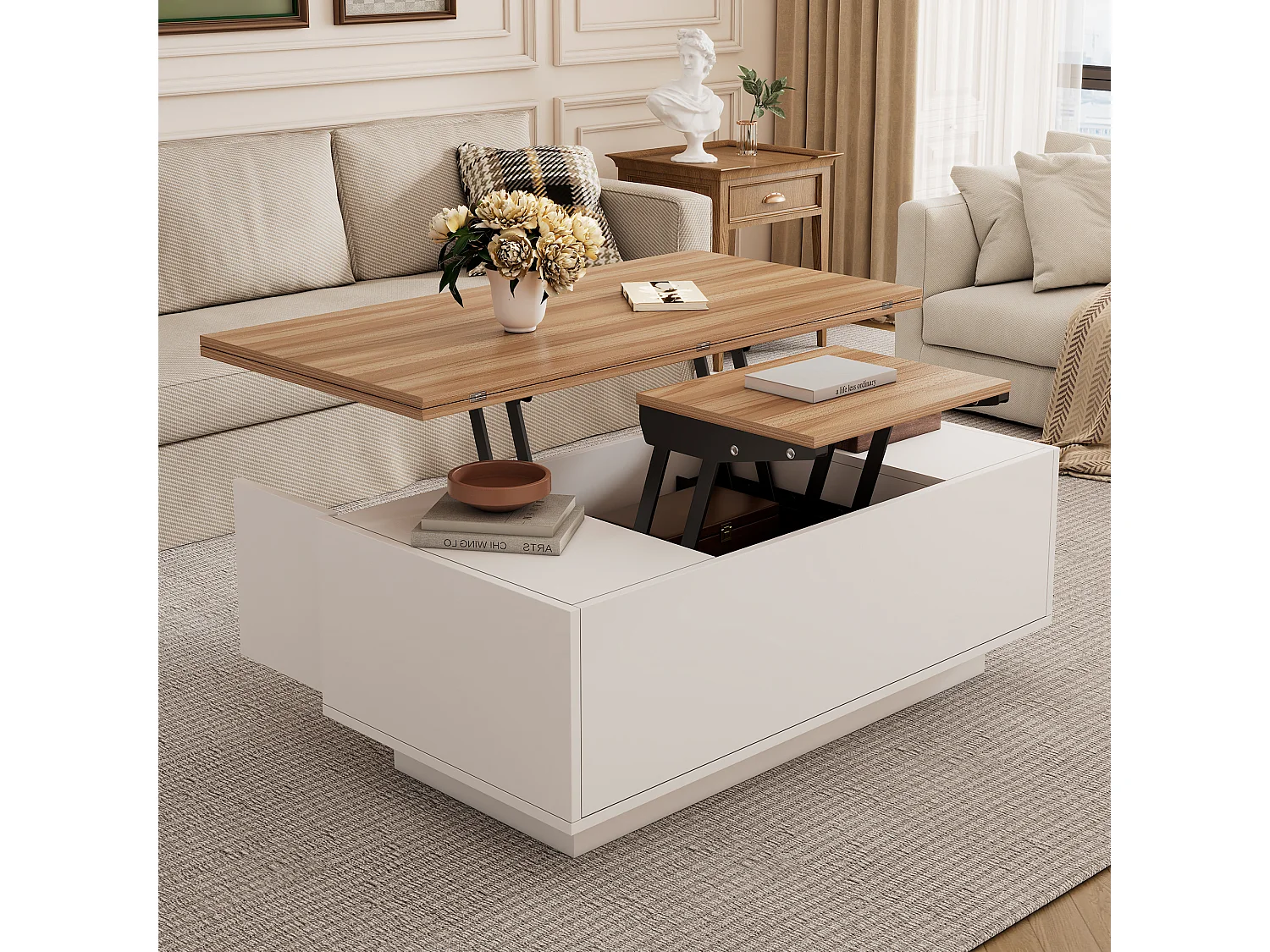 Table basse mécanisme double élévation rangement intégré effet Blanc salon moderne