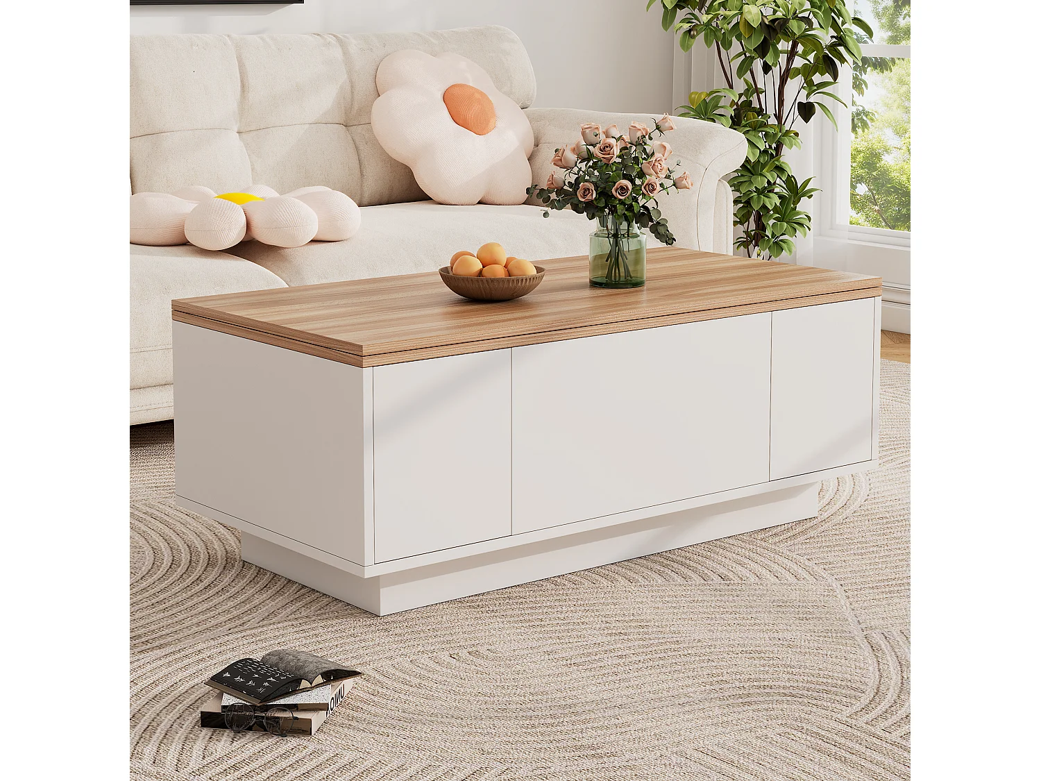 Table basse mécanisme double élévation rangement intégré effet Blanc salon moderne