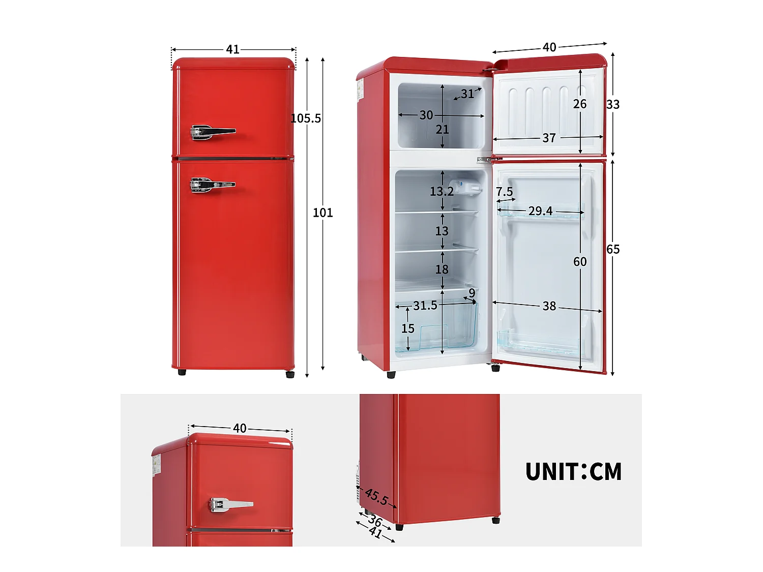 Réfrigérateur 45.5x41x101cm 2 Portes 92L Total 28L Congélateur Porte Rayon Verre 3 Étagères Matériel Plastique et Rouge