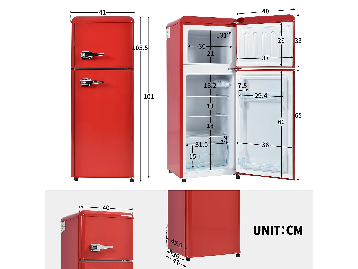 Réfrigérateur 45.5x41x101cm 2 Portes 92L Total 28L Congélateur Porte Rayon Verre 3 Étagères Matériel Plastique et Rouge