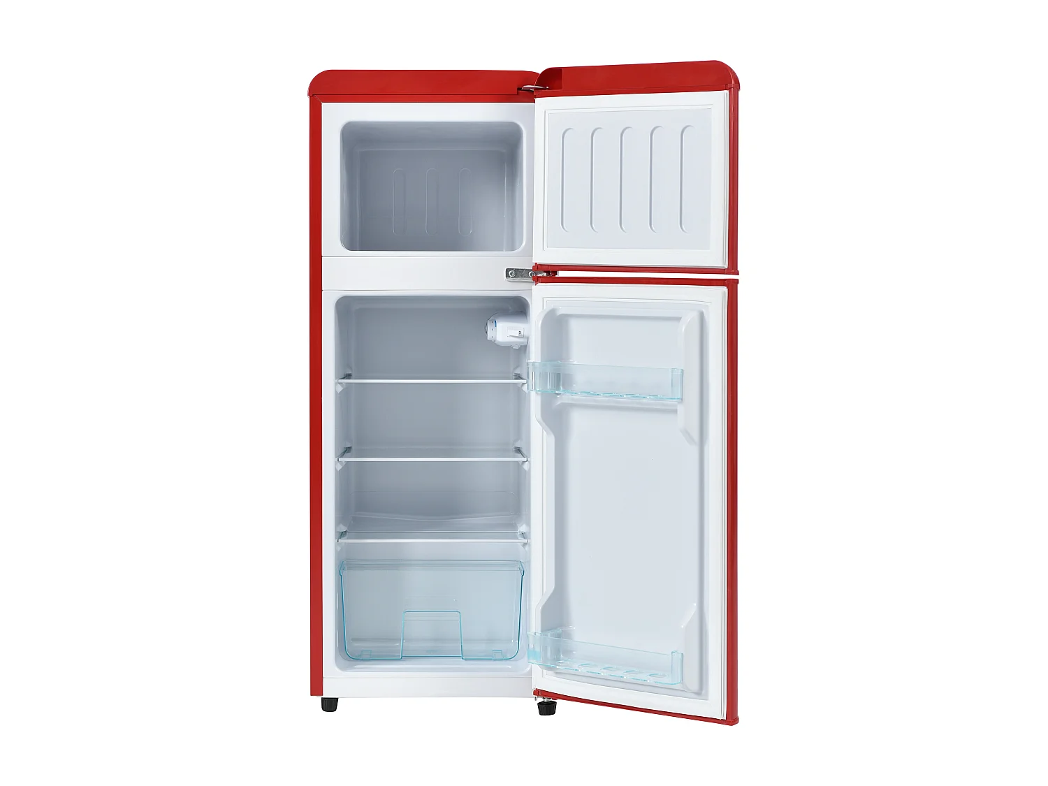 Réfrigérateur congélateur 105.5x41x45.5 cm, 2 portes, 92 L, 7 niveaux de température, plastique rouge