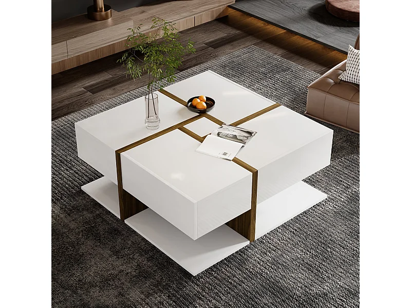 Table basse 78x78x34.8cm avec 4 tiroirs Espace de rangement au fond Forme carrée Matériel Particle Board Blanc
