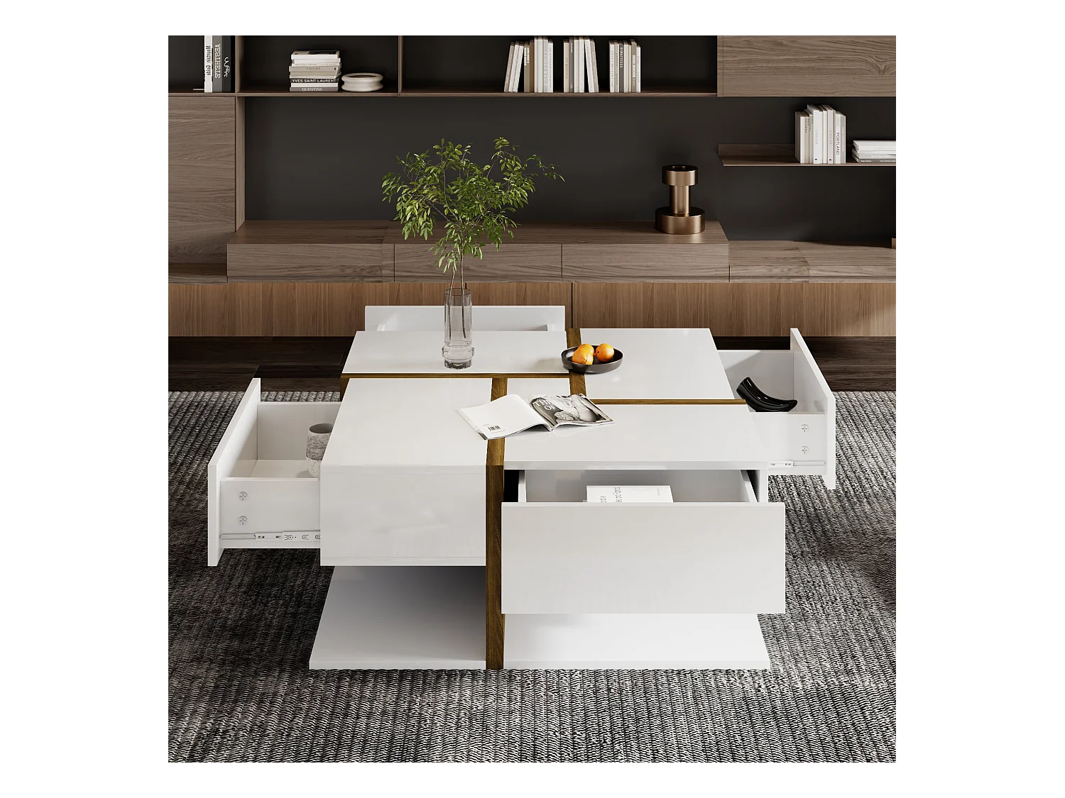 Table basse 78x78x34.8cm avec 4 tiroirs Espace de rangement au fond Forme carrée Matériel Particle Board Blanc