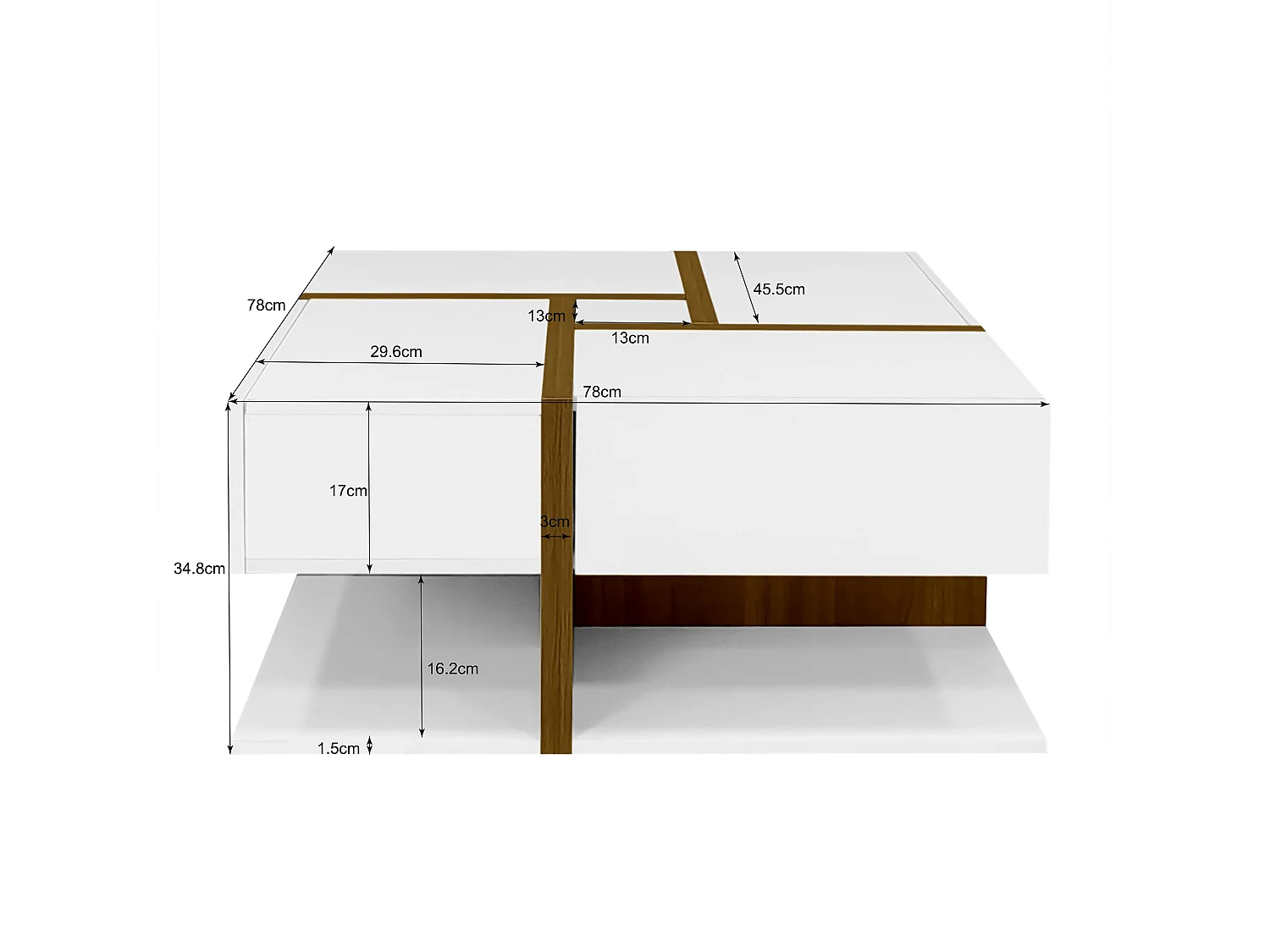 Table basse 78x78x34.8cm avec 4 tiroirs Espace de rangement au fond Forme carrée Matériel Particle Board Blanc