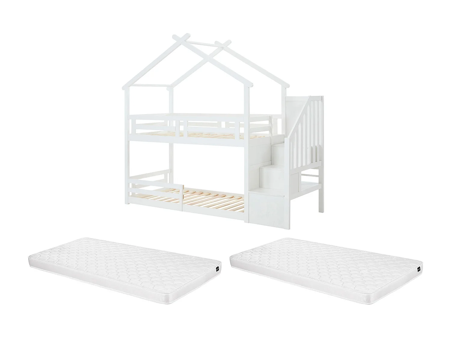 Lit superposé cabane 90 x 190 cm - Pin et MDF + Matelas - Blanc - TALETY