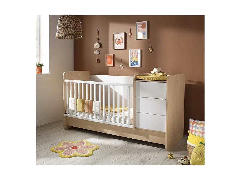 Lit combiné 140x70 évolutif en 90x190 avec commode à langer 3 tiroirs BALLOON - Sauthon